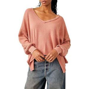 Free People Coraline oversized waffle knit vneck long sleeve thermal top Large